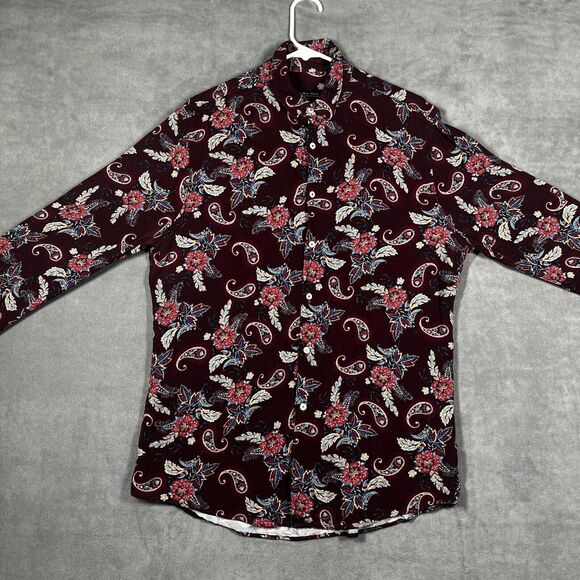 Zara Shirt Men's Large Burgundy Paisley Classic Long Sleeve Collared Button-Up - Picture 1 of 5